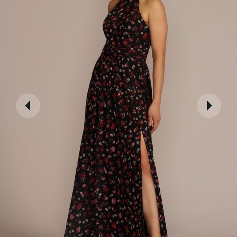 David's Bridal Women's Floral Print Halter A-Line Dress with Slit